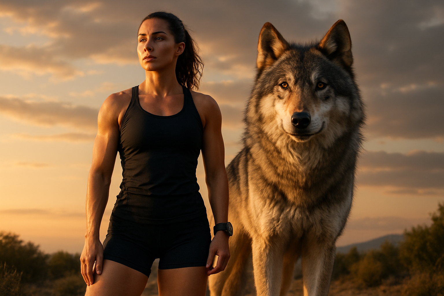 Athletic person with wolf 
